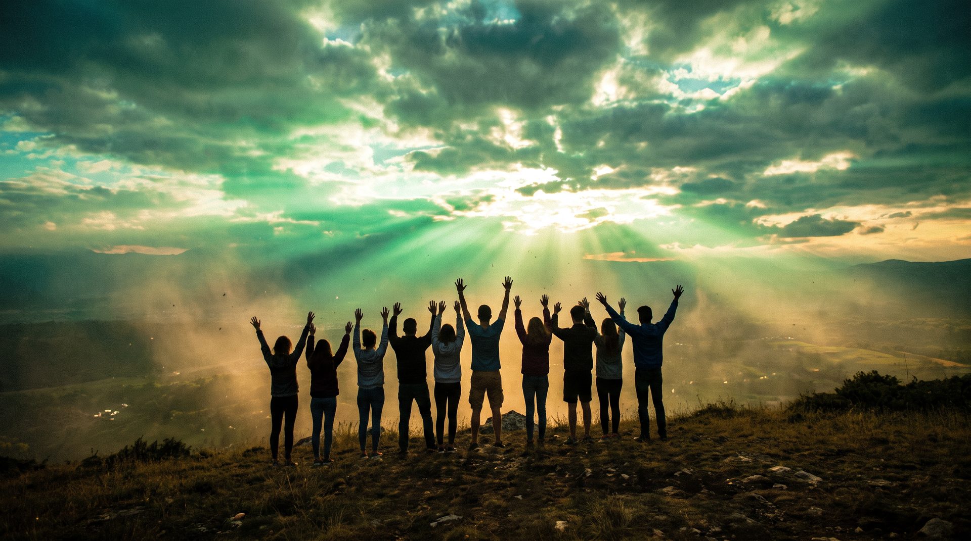 Bold Youth students standing on a hilltop at sunset, arms raised in worship beneath a vivid green sunburst